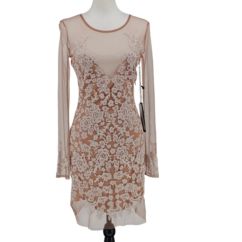 For Love & Lemons Luau Mini Dress M‎ Nude Embroidered Sheer Mesh Long Sleeve NWT